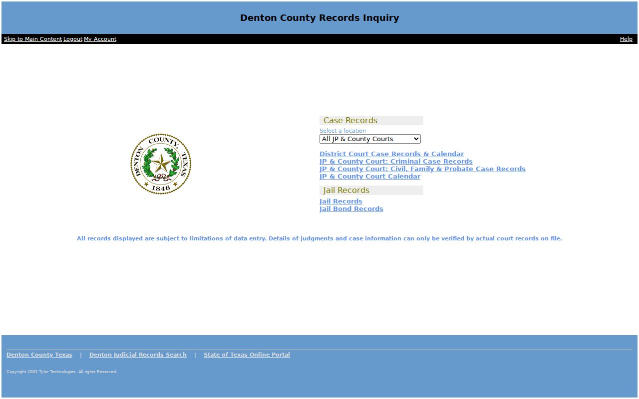 Denton County warrant records hub with public case-search links