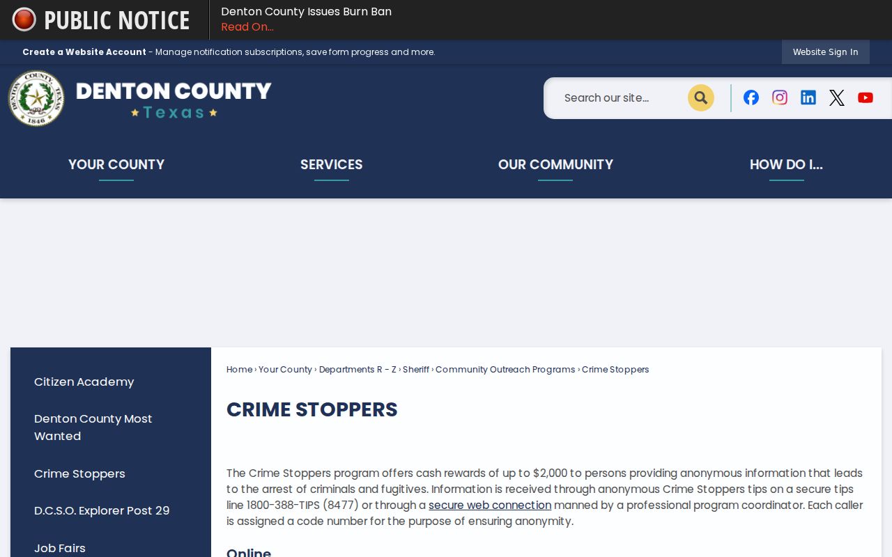 Denton County official Crime Stoppers page and tip instructions