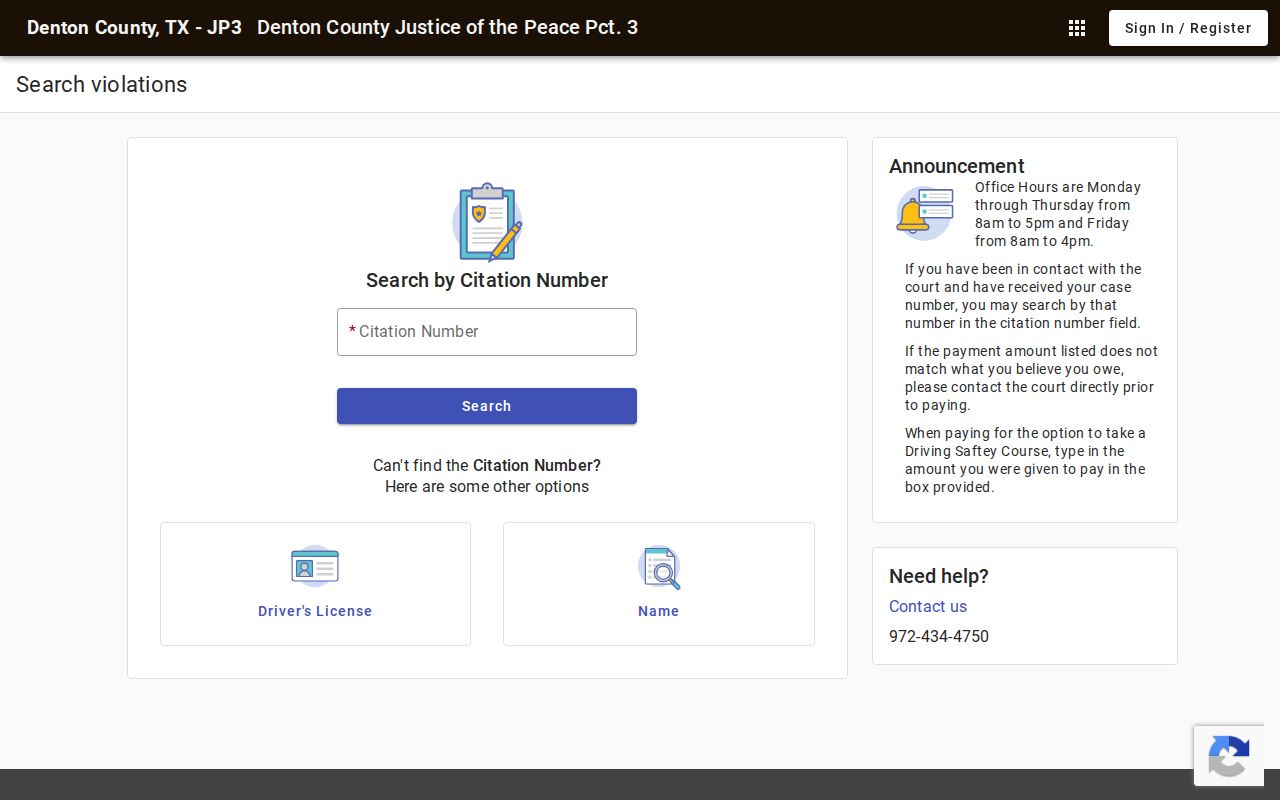 Denton County JP3 warrant search portal with court-specific search choices