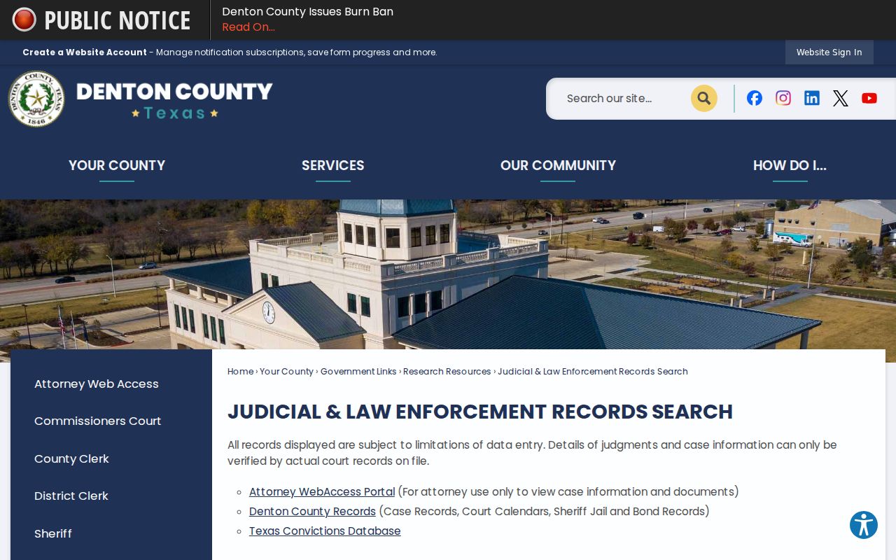 Denton County warrant search hub with court and law-enforcement record links