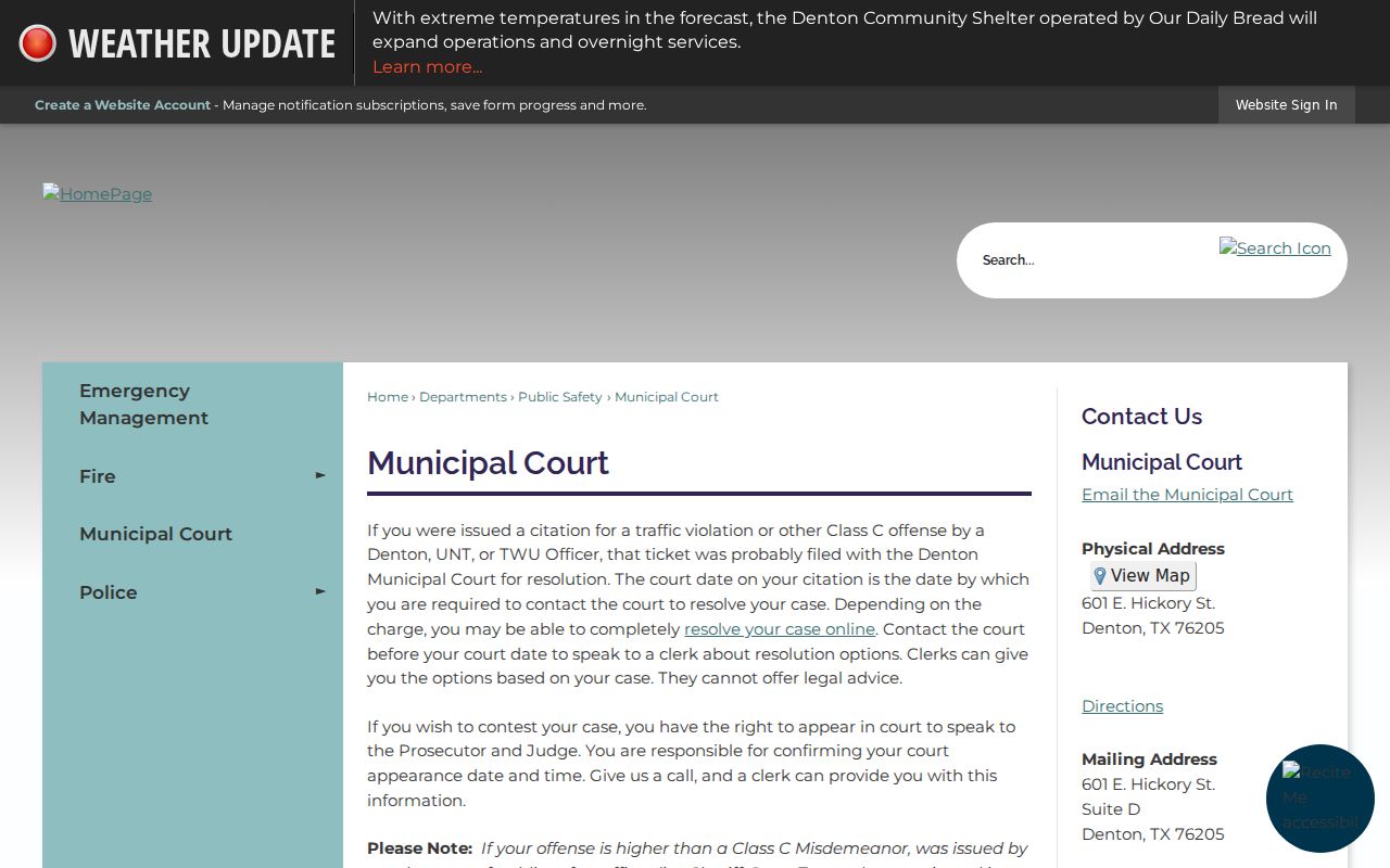 Denton Municipal Court page with city case and online resolution information