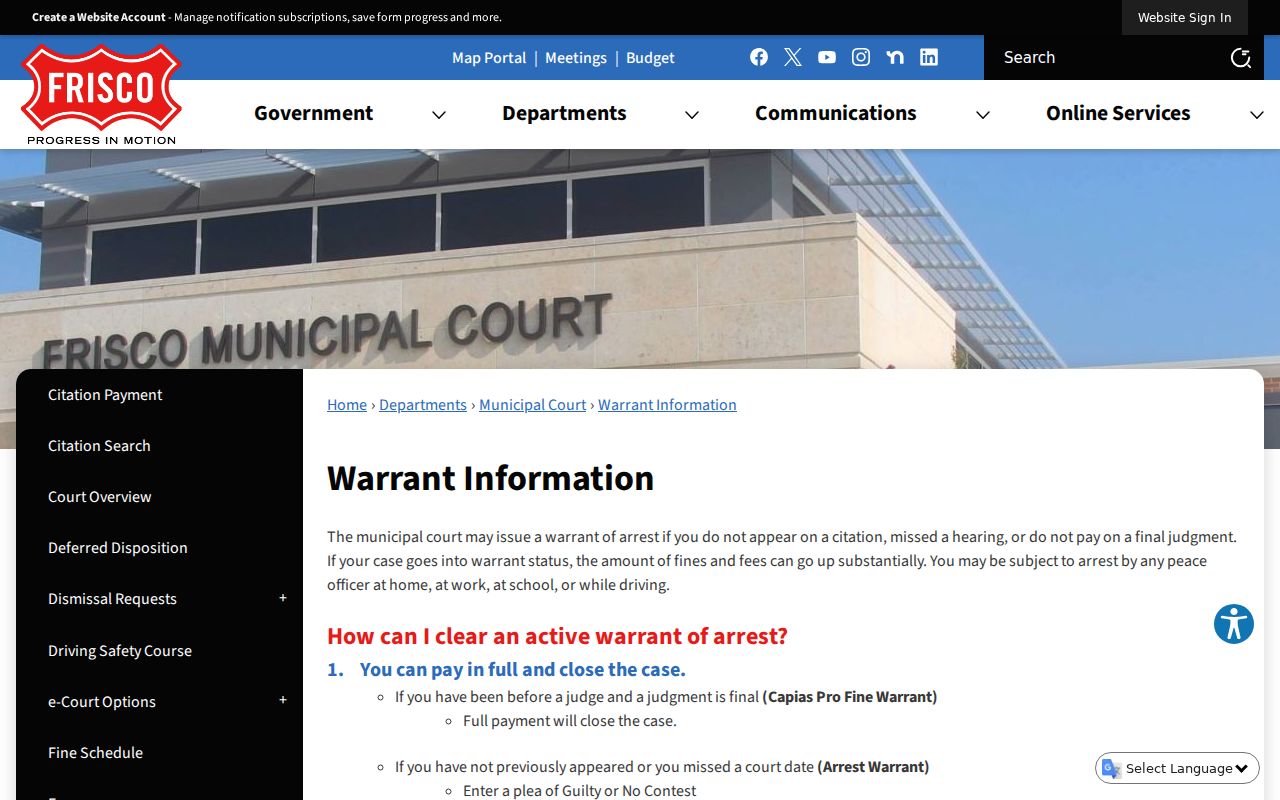 Frisco warrant information page showing appearance and bond options