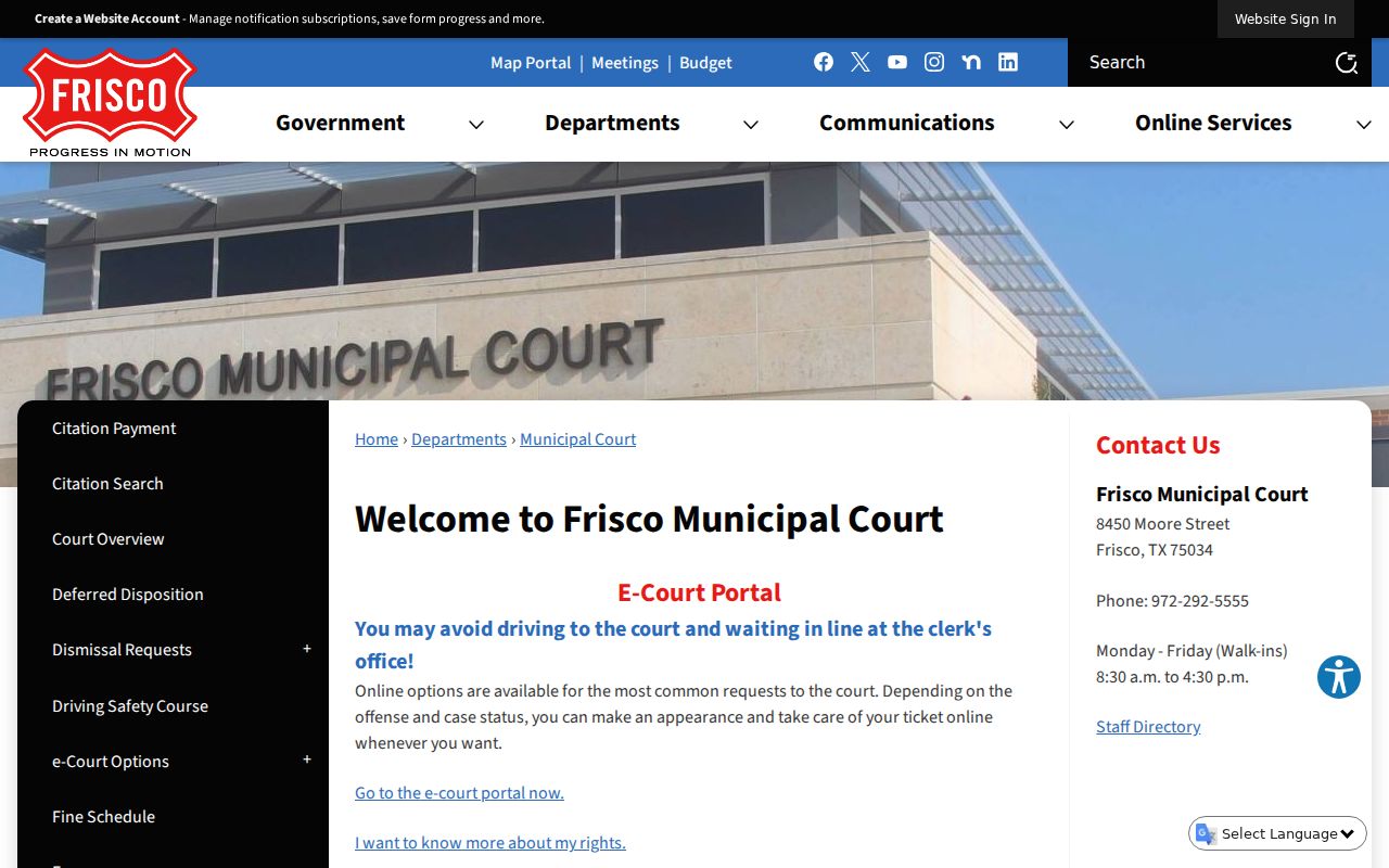 Frisco Municipal Court official services and contact page