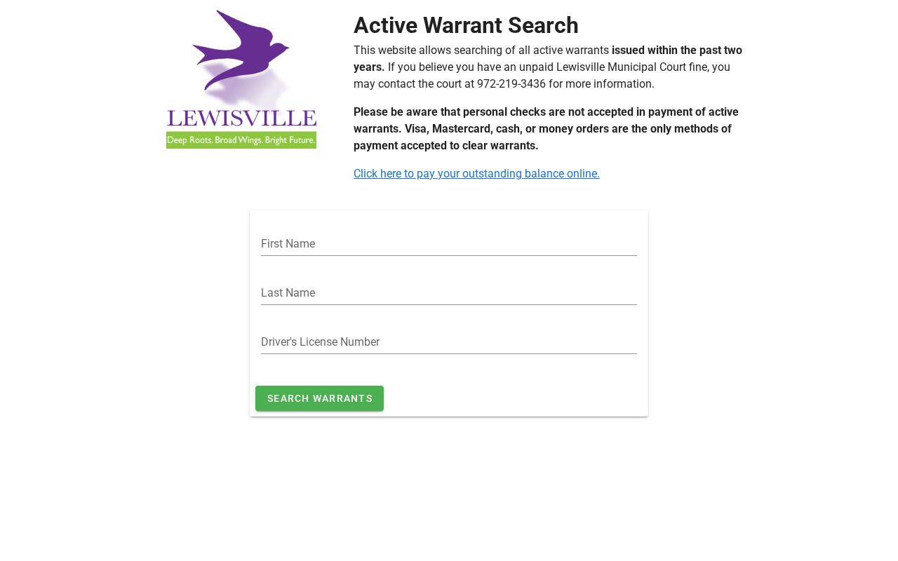 Lewisville municipal court active warrant search interface