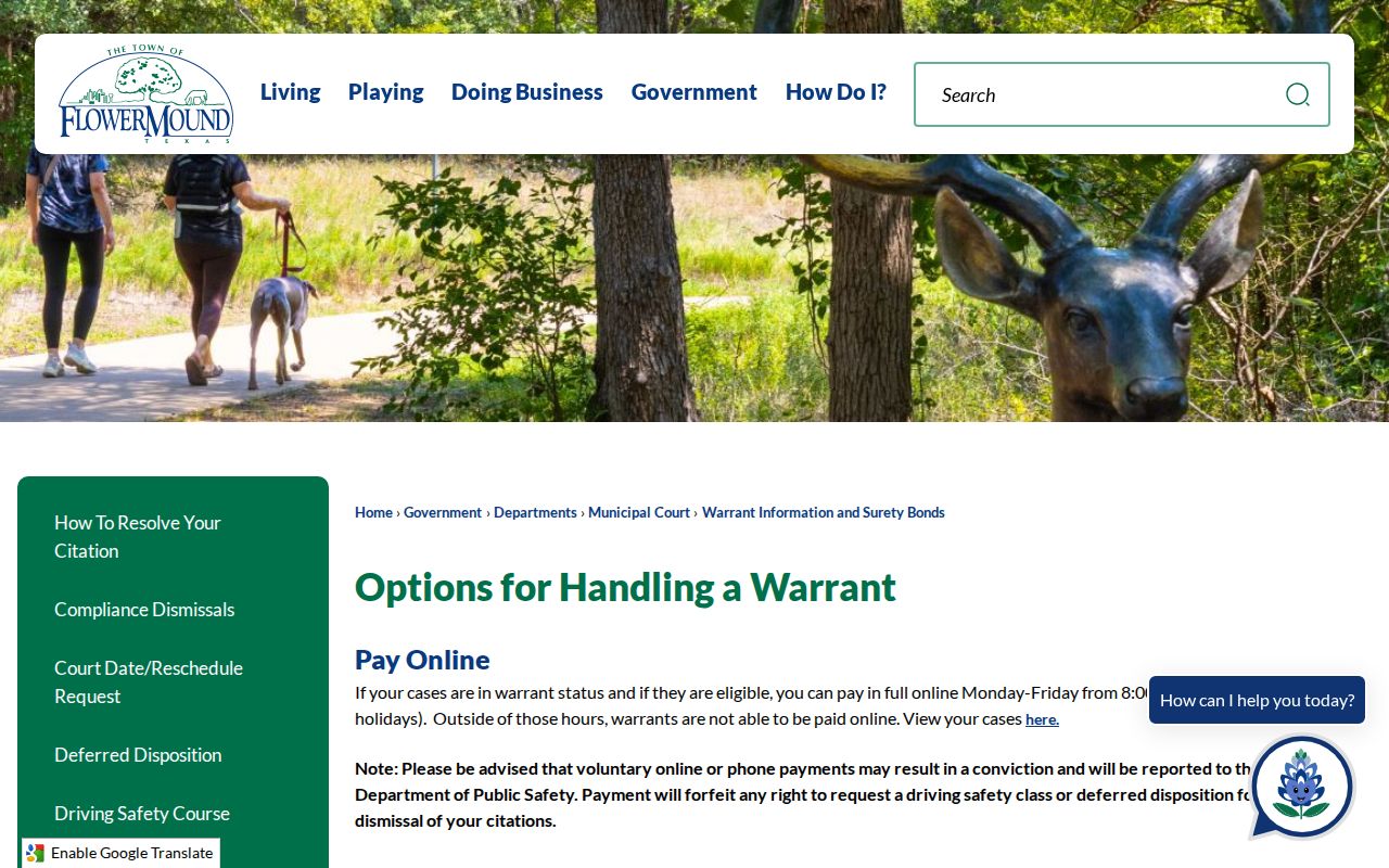 Flower Mound court page explaining warrant bond and safe-harbor options