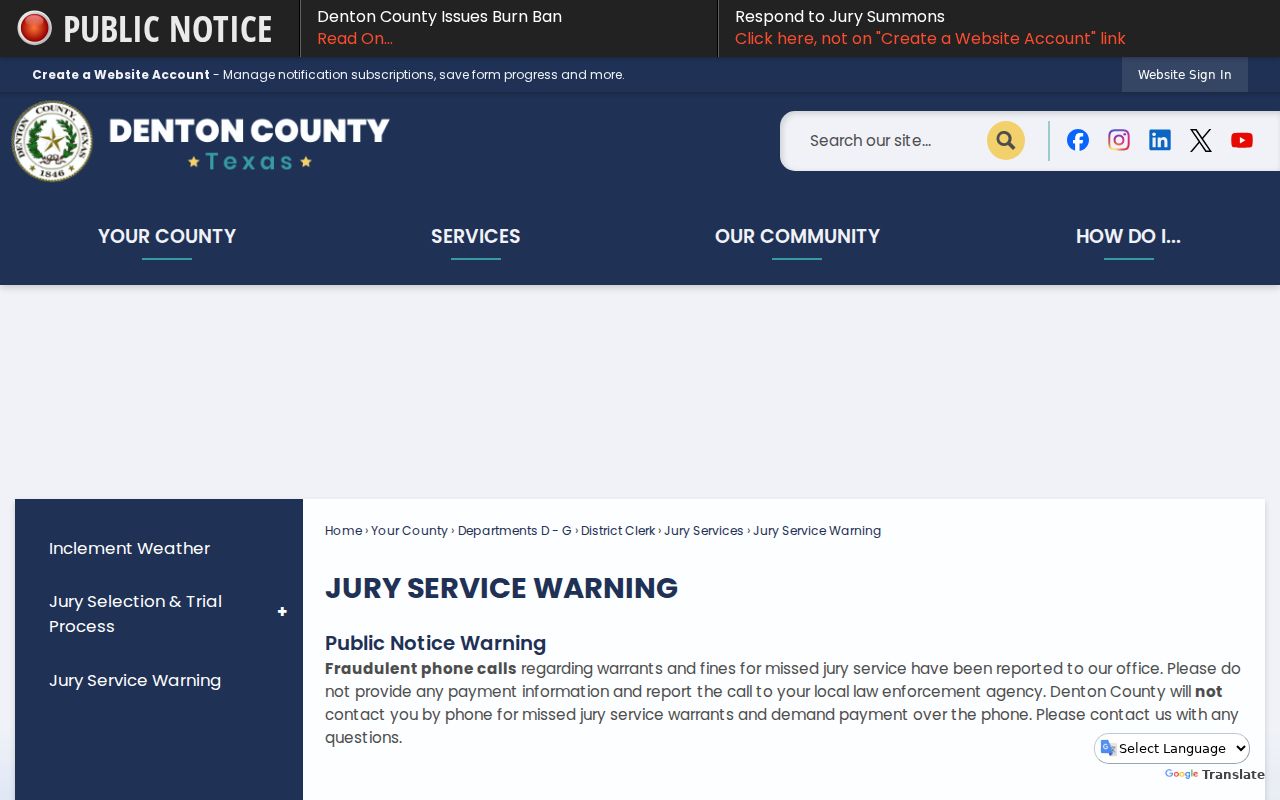 Denton County warrant records anti-scam warning for fake jury-service calls
