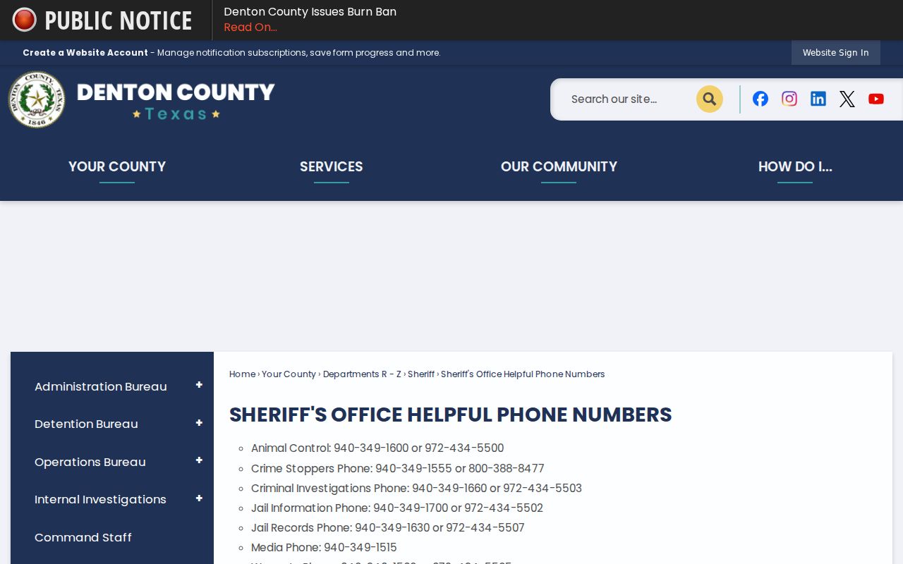 Denton County warrant records phone directory for the Sheriff's Office
