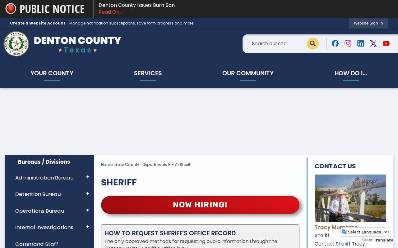 Denton County warrant record request options from the Sheriff's Records Division