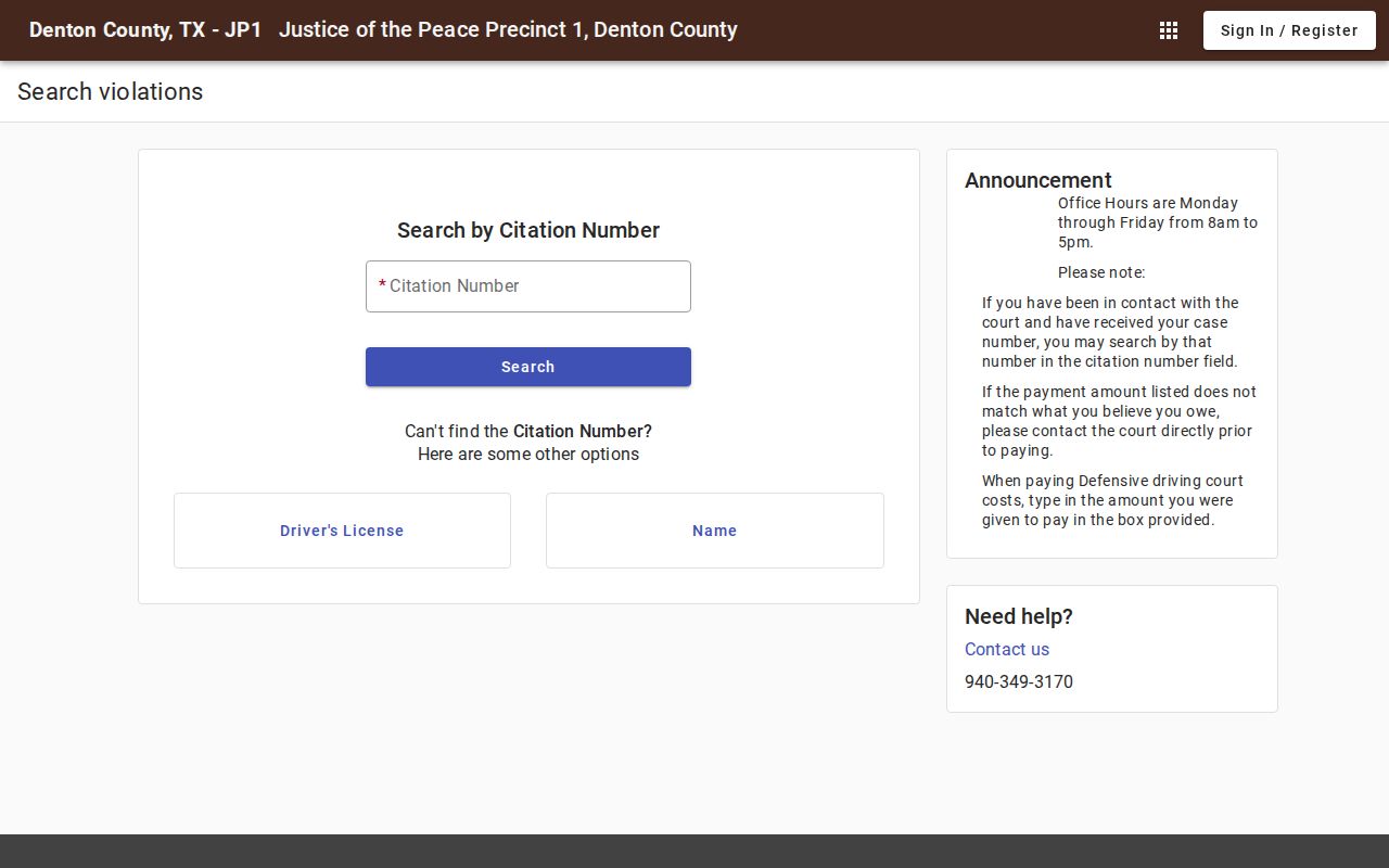 Denton County warrant search field choices in a JP1 Tyler portal
